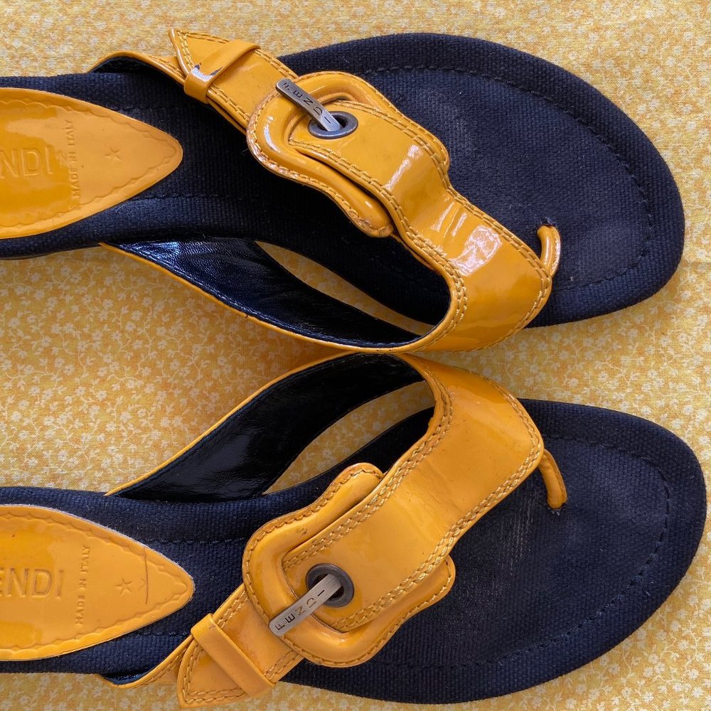 Fendi Yellow Patent Buckle Thong Flat Sandal SZ 37